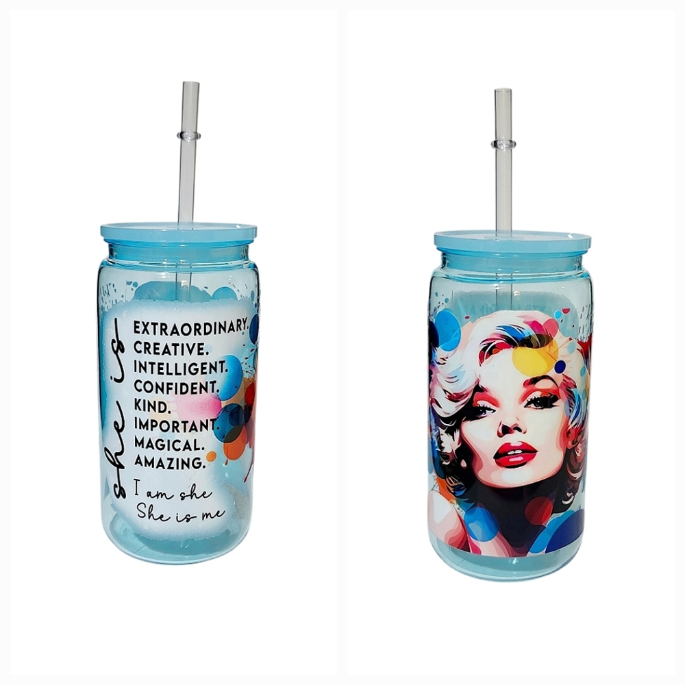 Marylin Monroe Inspiring Words Acrylic Plastic Tumbler 16oz Blue